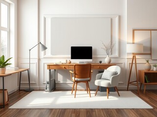 A modern and stylish living mockup and workspace with cozy interior design featuring a desk, chair, lamp, and decorative items, workspace, modern, mockup
