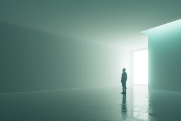 Fototapeta premium A person stands alone in an empty room with the door open, waiting for something