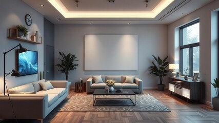 A modern and sleek living mockup featuring a workspace area with interactive technology, mockup, productivity, desk