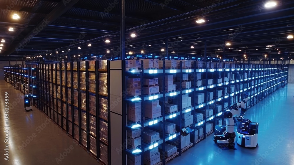 Aufkleber Automated warehouse with robots sorting boxes, high-tech storage solutions.
