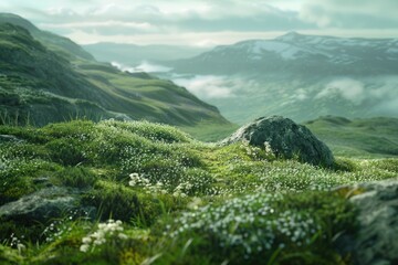 A solitary sheep stands at the top of a green hill, suitable for rural or nature-themed projects
