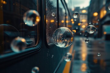 A colorful bus with bubble decorations hanging from its sides, perfect for a fun and playful event or promotion