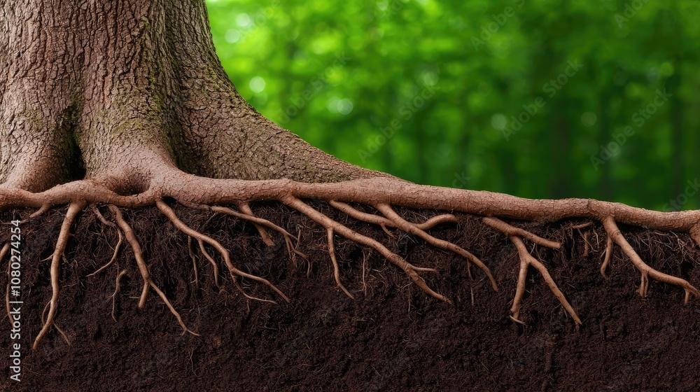 Poster tree roots with soil layering, showcasing the underground system of growth and stability.