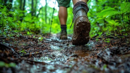 Obraz premium Hiking adventure on forest trail nature walking outdoor environment ground view exploration concept