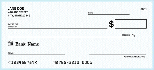 Blank bank check. Generic American cheque template vector design.