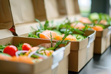 Fototapeta premium Fresh produce arranged in wooden crates on a table, suitable for kitchen or farm-to-table scenes