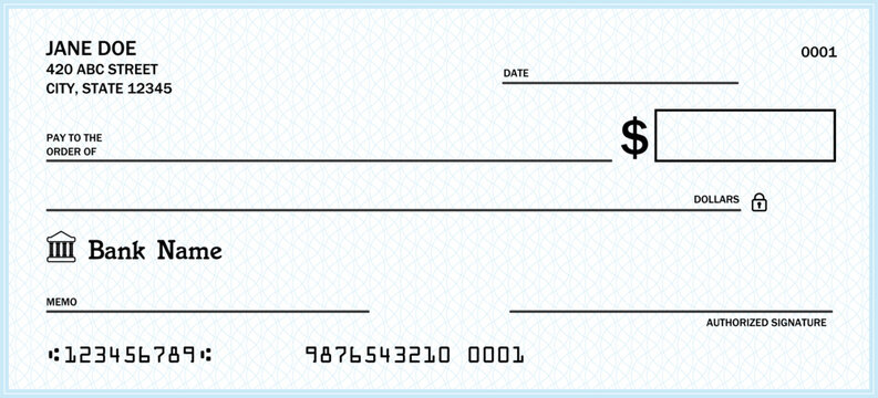 Blank bank check. Generic American cheque template vector design.