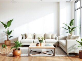 Fototapeta premium A modern living room mockup featuring a sleek sofa, coffee table, and potted plants, furniture, living room, template