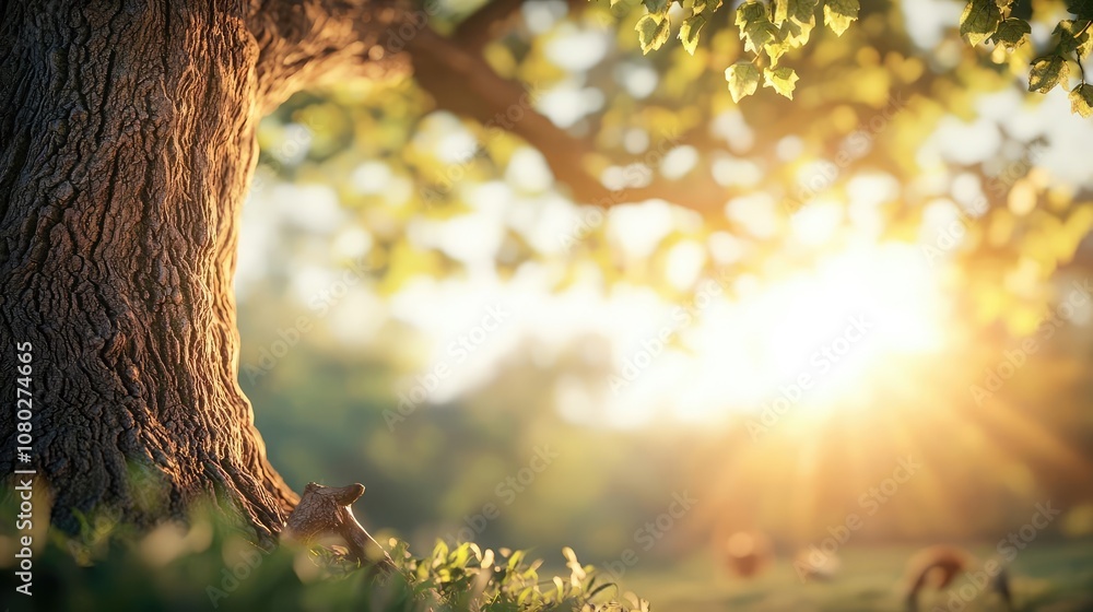 Poster beautiful sunlight filtering through tree leaves in a serene natural setting.