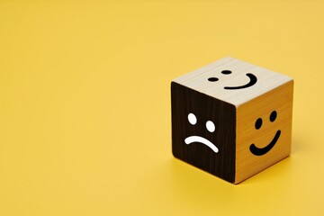 Wooden Emotion Cube on Yellow Background Perfect for Tracking, Emotional Learning, and Creative Projects
