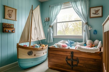 Nautical themed nursery decor featuring sailboat bed, aqua walls, and toy treasure chest