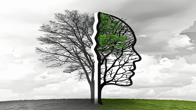 Environmental change and global warming concept, ecological as a cut scene in 2 halves showing a dead tree shaped like a human head with pollution and the opposite with healthy green clean air