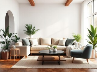 A modern living room mockup with a cozy sofa, coffee table, and decorative plants in a bright, natural light-filled environment, plants, coffee table, living room