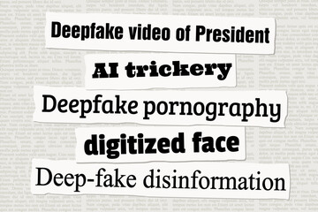 Deep fake AI generated videos and deepfake pornography. Media disinformation and AI ethics issues. News headlines from newspapers.