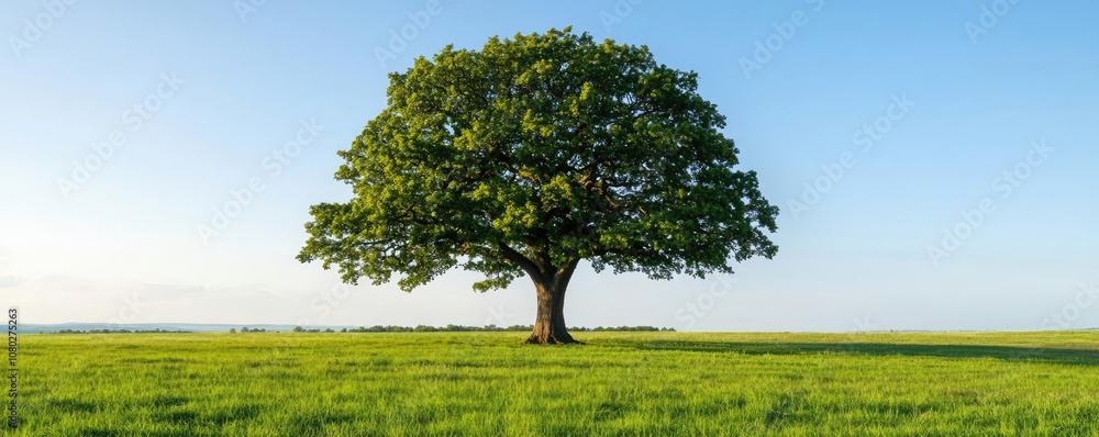 Poster lush green tree standing alone in a wide open field under a clear blue sky.