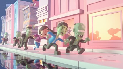3D Render of People Chased by Zombies in Cityscape Generative aI