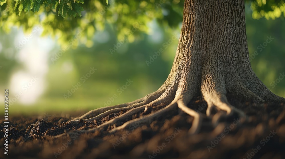 Aufkleber tree roots with fresh soil, lush greenery in the background, serene nature setting.