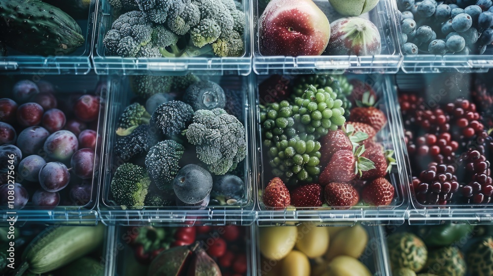 Poster colorful array of fruits and veggies in a display case
