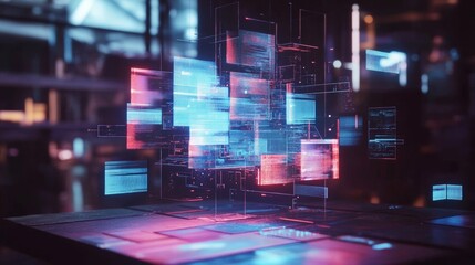 Concept of assembling a web page from modules that fly around the display. The web design studio concept page is on the display