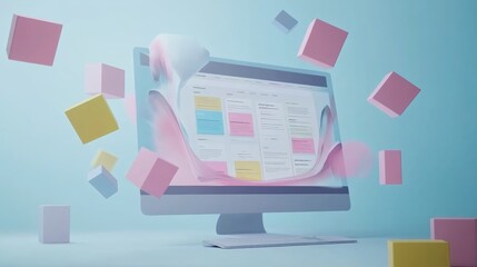 Concept of assembling a web page from modules that fly around the display. The web design studio concept page is on the display