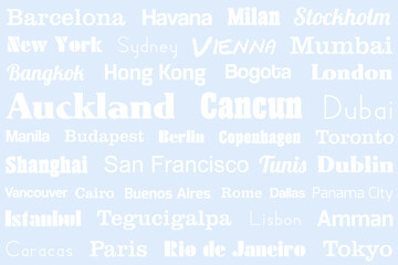 World city names design. Travel destination colorful white blue concept for a doormat, tablecloth or bedsheet.