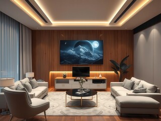 A modern living room mockup with futuristic technology gadgets and automated scene control, living room, technology, control
