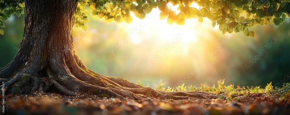 Poster Sunlight filtering through lush leaves of a magnificent tree, creating a serene atmosphere.