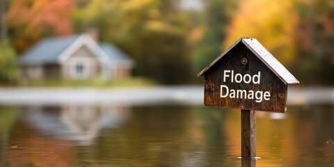 Flood damage assessment residential area signage autumn landscape close-up view environmental impact