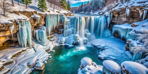 Aerial View of a Spectacular Frozen Waterfall Cascading Down Rocky Cliffs in a Winter Wonderland Surrounded by Snow and Ice, Capturing the Essence of a Serene Winter Landscape