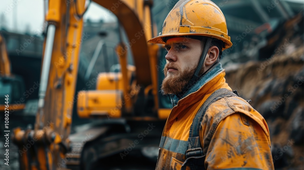 Poster a worker in a hard hat and clean clothes on the background of an excavator bucket.