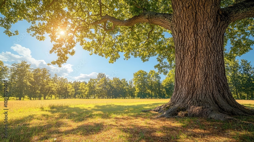 Poster majestic tree under sunlight in an open grassy field surrounded by lush greenery.