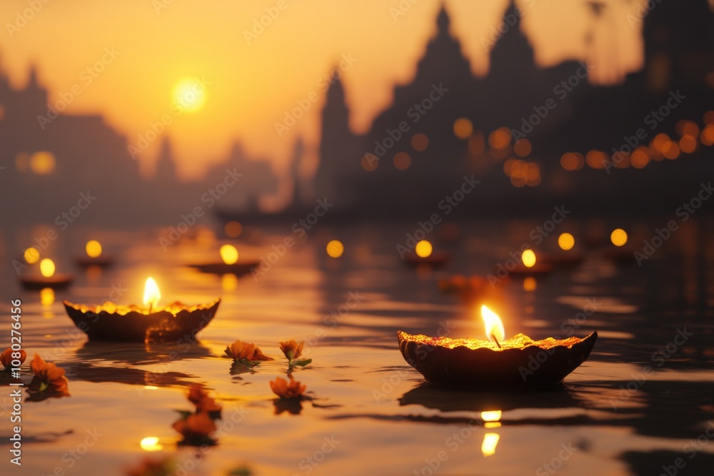 Aufkleber a serene scene with candles floating on the surface of a calm body of water, perfect for use in medi