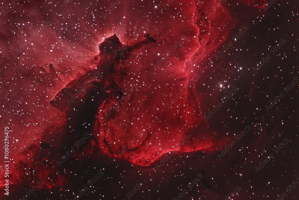 Poster A stunning image of a red nebula with stars shining brightly in the background, ideal for use in space-themed projects or designs
