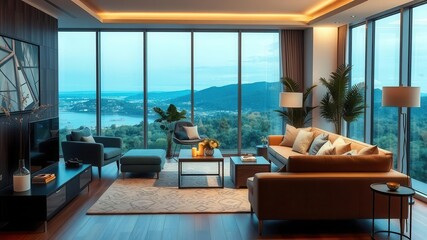 A modern living room mockup with stylish furniture and decor, set against a backdrop of a scenic view, living room, view, contemporary