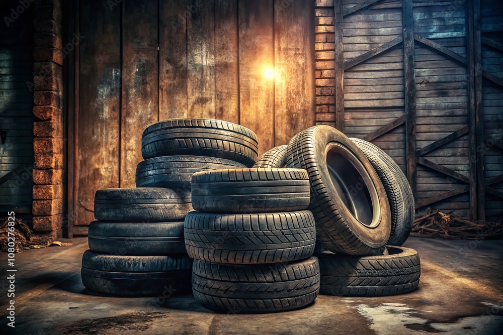 Poster aged rubber black tires stacked in a rustic setting capturing the essence of abandonment and reuse -