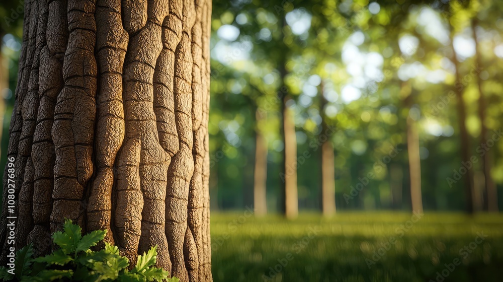 Poster Close-up of a tree trunk showcasing intricate bark patterns, serene forest backdrop.