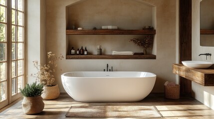 Fototapeta premium A modern bathtub sits in a cozy bathroom with wood floors, a wooden shelf and a large window.