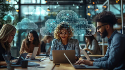 Diverse business professionals collaborating in a modern office with digital cloud technology concepts and laptops in use during a team meeting