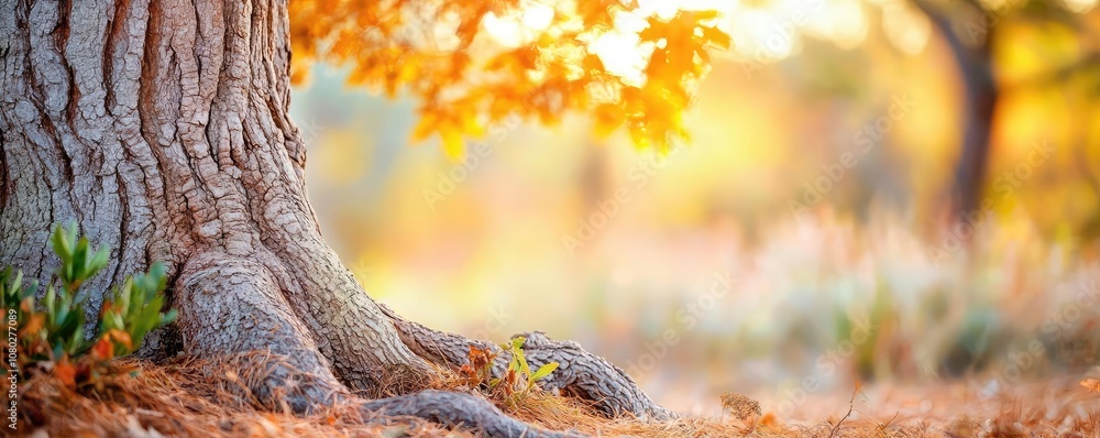 Poster close-up of autumn tree trunk with vibrant leaves and warm background hues.