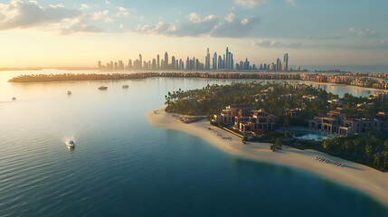 Naklejka premium Aerial photography of Palm Jumeirah island Dubai skyline picture