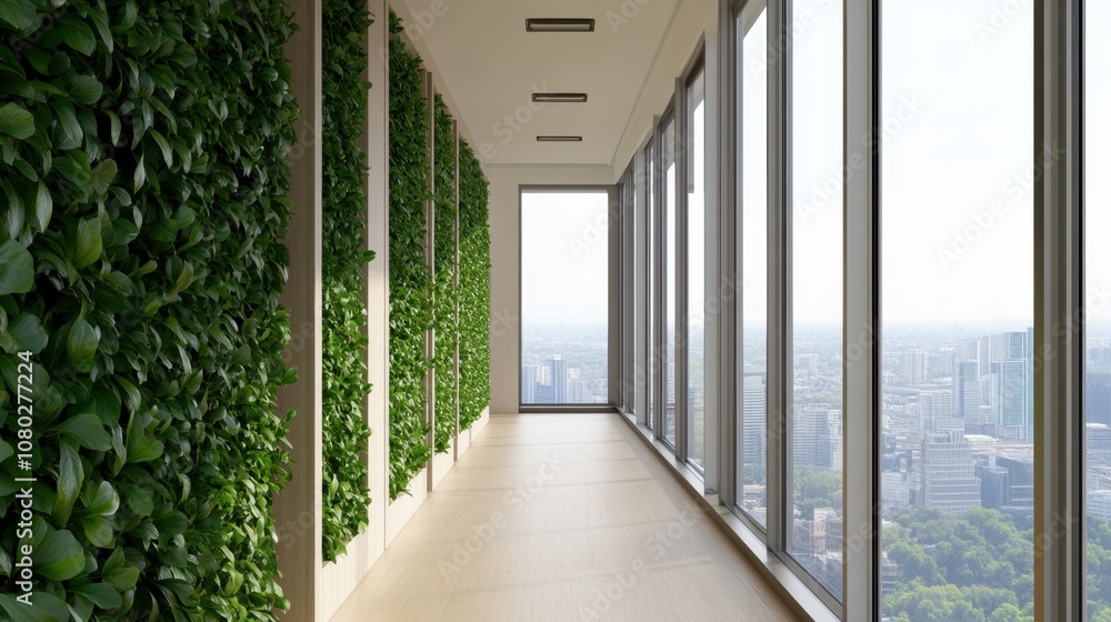 Poster a modern corridor features large windows with views of the city, complemented by vertical greenery o