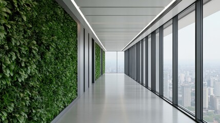 Fototapeta premium A modern, minimalist office corridor featuring lush green walls and expansive glass windows offering city views.