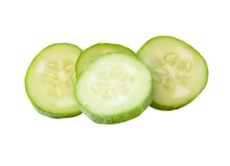 Front view of green cucumber slices or pieces in stack isolated with clipping path in png file format