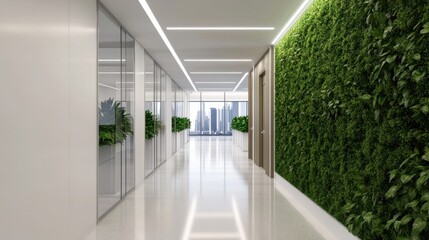 A modern office corridor featuring sleek design, glass walls, and a vibrant green wall, creating a refreshing and inviting atmosphere.