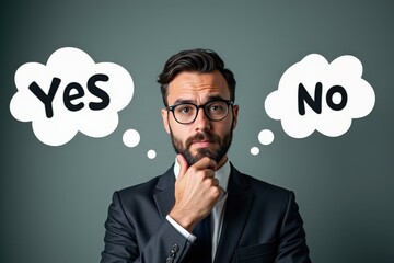 Thoughtful Businessman in Black Suit Contemplating Yes or No Decisions with Thought Bubbles on Green Background