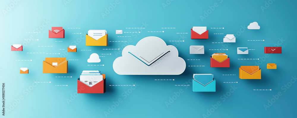 Poster a flat design cloud is surrounded by various floating envelopes, symbolizing digital communication a