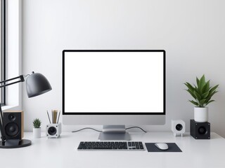 A modern workspace with a computer displaying a living mockup presentation using cutting-edge technology, device, cutting-edge, design