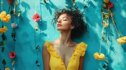 Girl in a bright yellow dress against a blue wall decorated with garlands, soft studio lighting,