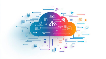 Obraz premium This visually appealing flat cloud vector showcases a smooth blue and white gradient, enhanced by circuit designs that symbolize digital connectivity in a modern style.