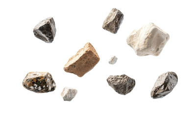 Naklejka premium A captivating assembly of various stones floating in a void, each with unique textures and colors, reflecting the beauty of nature's raw materials against a solid background.